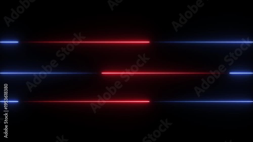  Dynamic motion background with glowing neon laser lines in red and blue on a black background. 4k motion videos