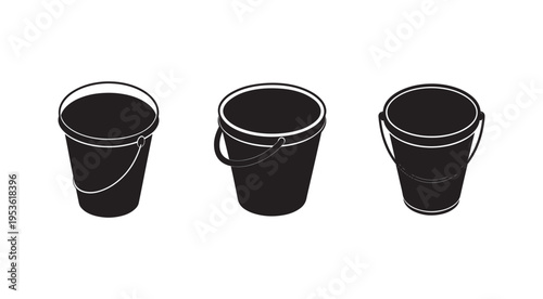 Three black buckets with handles in different positions on white background  industrial containers for carrying and storing liquids or solids