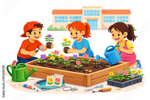Young children gardening and planting flowers in a schoolyard setting.