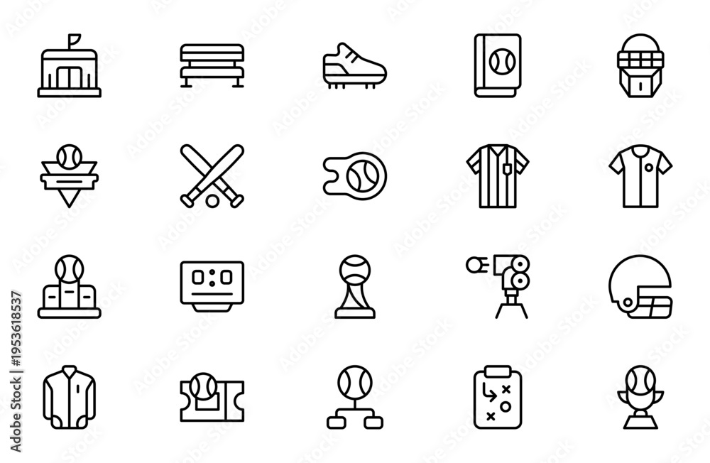 Fototapeta premium Baseball and Sports Club Line Icon Set for Team Games, Baseball Equipment, Training, Competition and Recreation Outline Vector Collection