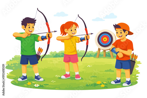 Children practicing archery outdoors in a park setting.