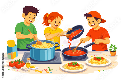 Children cooking pasta together in a fun kitchen environment with fresh ingredients.