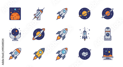 Space rockets and planets icons set 1.