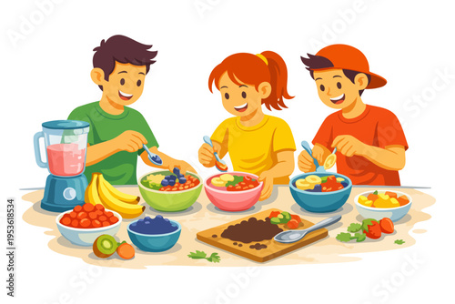 Diverse group of kids enjoying healthy breakfast with smoothies and fresh fruits.