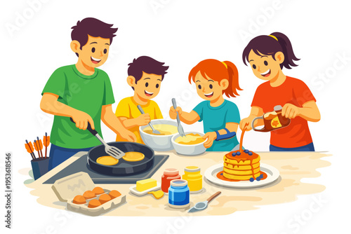 Family cooking pancakes together: hispanic adults and children enjoy quality time.