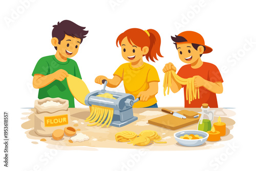 Children making pasta together in kitchen with manual pasta maker and ingredients.