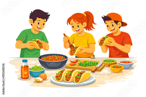 Diverse kids enjoy making tacos in a fun cooking activity with vegetables.