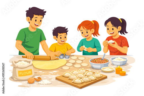 Family cooking together - making dumplings with smiles and teamwork.