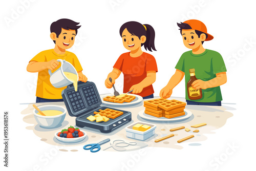 Diverse young friends making waffles together in a kitchen setting.