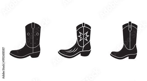 Three black cowboy boots with white outlines side view isolated on white background