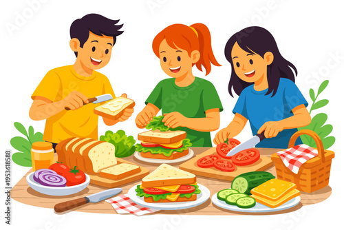 Cheerful group of diverse young adults making sandwiches outdoors.