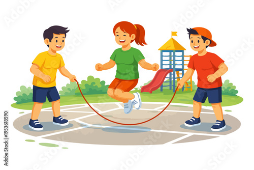 Three children playing jump rope outdoors in a park setting.