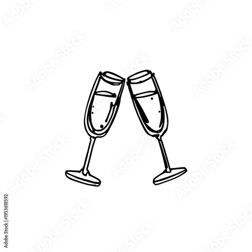 Wedding toast glasses icon logo design. Clinking champagne flutes sign and symbol. Hand drawn doodle champagne toast icon. Marriage celebration toast.