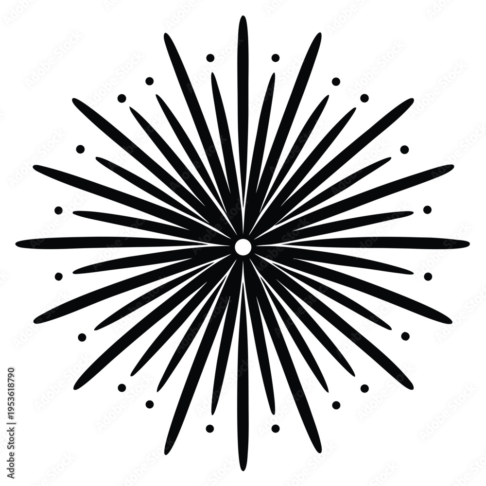 Obraz premium A striking black and white burst design featuring radiating lines and scattered circular elements