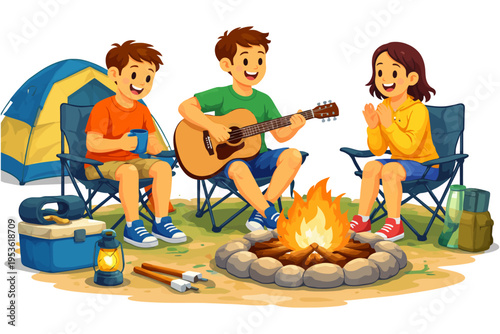 Young caucasian children enjoying campfire with guitar and tent in background.