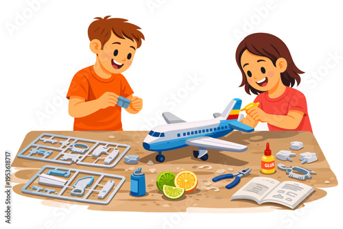 Children building model airplane together with enthusiasm and creativity.