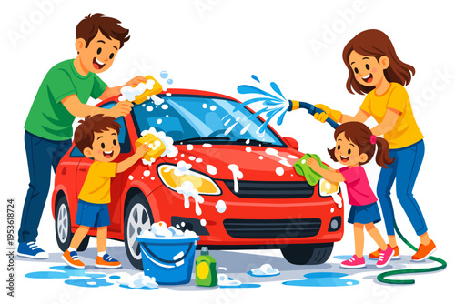 Family washing car together outdoors on sunny day with joyful smiles.