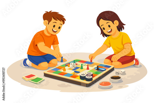 Caucasian children playing board game indoors, smiling, fun.