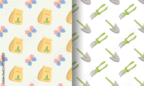 Split seamless spring design left side with seed packets and colorful butterflies on cream background right side with green-handled garden tools on white background, cheerful gardening pattern