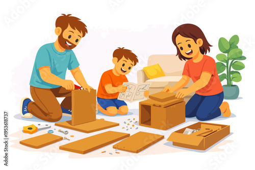 Family fun time: young caucasian family engaging in diy cardboard craft project.