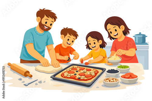 Family cooking activity with young caucasian parents and children making pizza together.