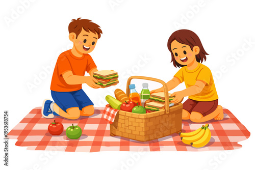 Children having a picnic with sandwiches and fruits on a checkered blanket.
