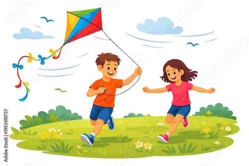 Kids flying kite on sunny day in park.