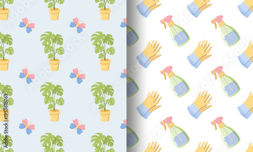 Split seamless design left side with potted monstera plants and butterflies on light blue background right side with rubber gloves and spray bottles on white background, cheerful nature and cleaning t