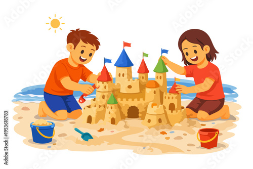 Children building sandcastle on beach under sun.