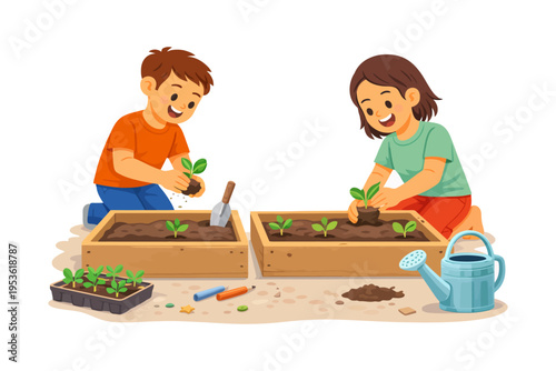 Young caucasian children gardening: planting seedlings together with happiness.