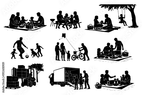 Silhouette illustrations of family activities and outdoor fun.