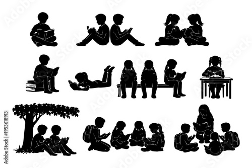 Silhouette of children reading in various poses and groups.