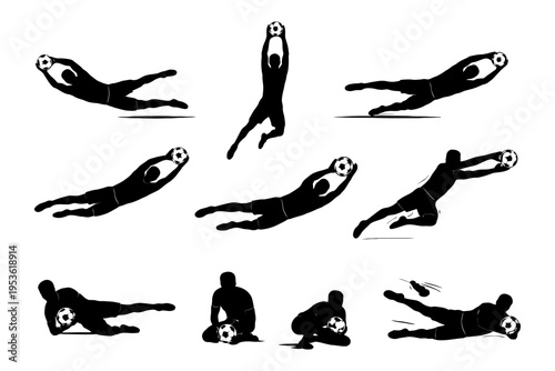 Dynamic silhouettes of soccer goalkeepers in action.