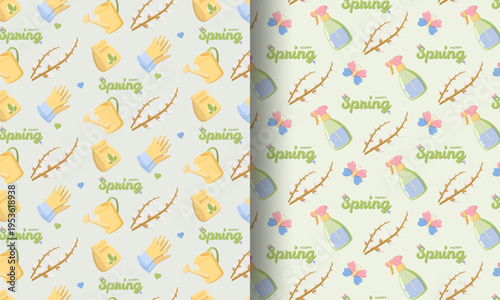 Split seamless spring design left side with gloves, watering cans, seed packets, budding branches, and Happy Spring text right side with spray bottles, butterflies, branches, and Happy Spring text