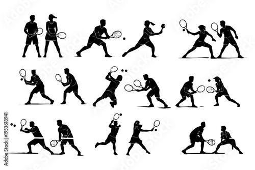 Silhouettes of male and female tennis players in action poses.