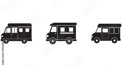 Three black food truck silhouettes in different angles and positions on white background for design and illustration use