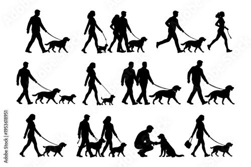 Silhouettes of diverse people walking dogs.