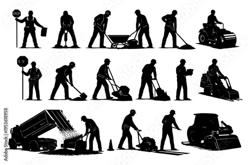 Silhouettes of construction workers operating machinery and tools.