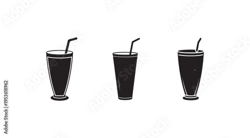 Three black glasses with straws side by side on white background  drinks with straws