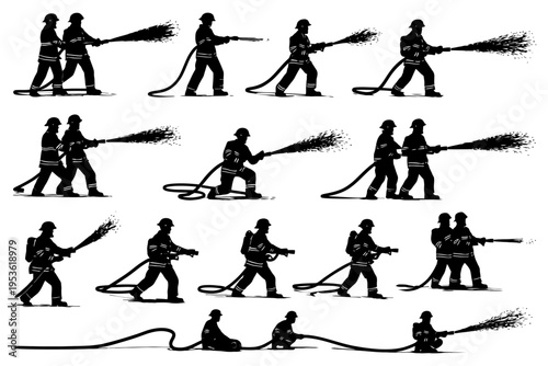 Silhouette firefighters operating hoses in action poses.