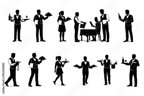 Silhouettes of restaurant waitstaff serving tables and carrying trays.