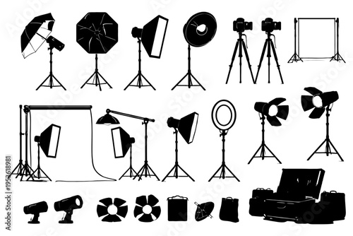 Silhouettes of studio photography equipment including lights and cameras on tripods.