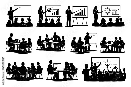 Diverse group engaged in business presentations and team meetings.