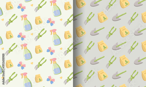 Split seamless spring design left side with spray bottles, seed packets, shears, butterflies, and hearts on cream background right side with seed packets, shears, and trowels on gray background