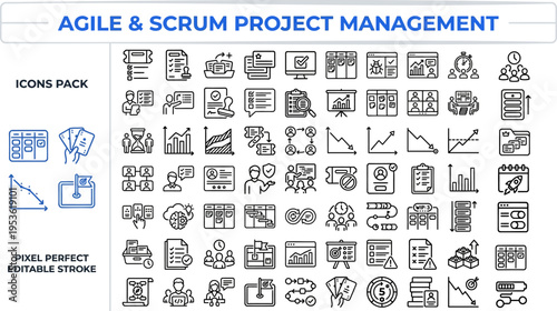 Agile Scrum Project Management Icon Set 50 Pack - Sprint Planning Kanban Board Software Development Workflow Pixel Perfect Editable Stroke Outline Vector