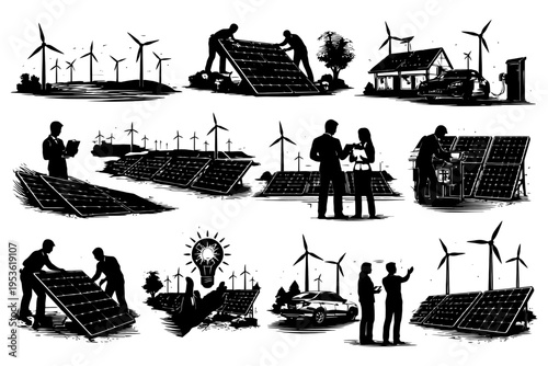 Silhouettes of renewable energy with solar panels and wind turbines.