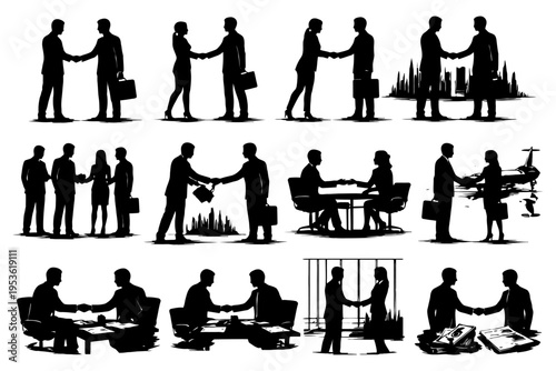 Silhouettes of diverse business people engaging in professional activities.