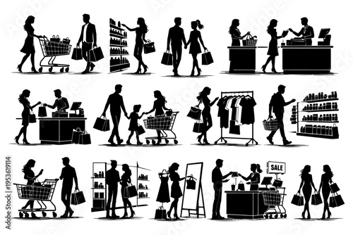 Silhouettes of people shopping in various retail settings.