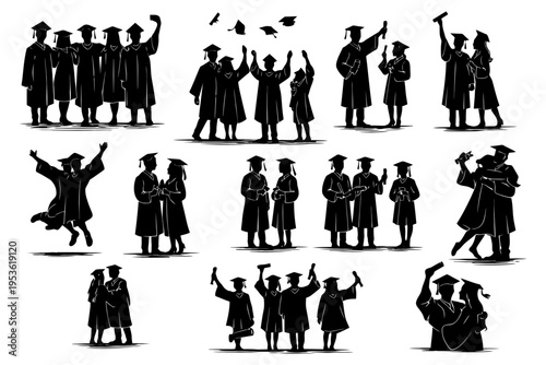 Silhouettes of graduates celebrating with caps and gowns in various poses.