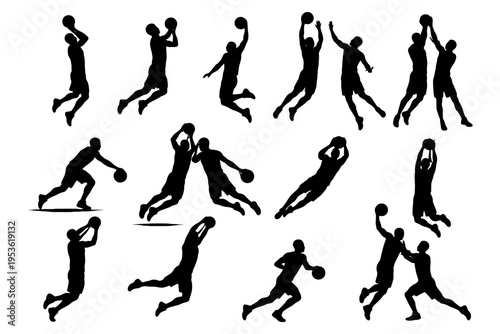 Silhouettes of basketball players in action poses.